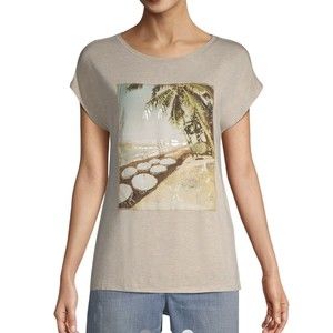 Chico's Womens Blouse Sz 2 Sz 12 Sz Large Island Graphic Tee Print Beige Beach